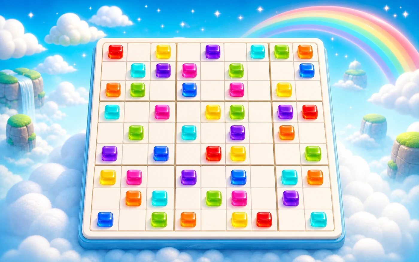A number-free Jelly Sudoku board with colorful jelly pieces among clouds and rainbows