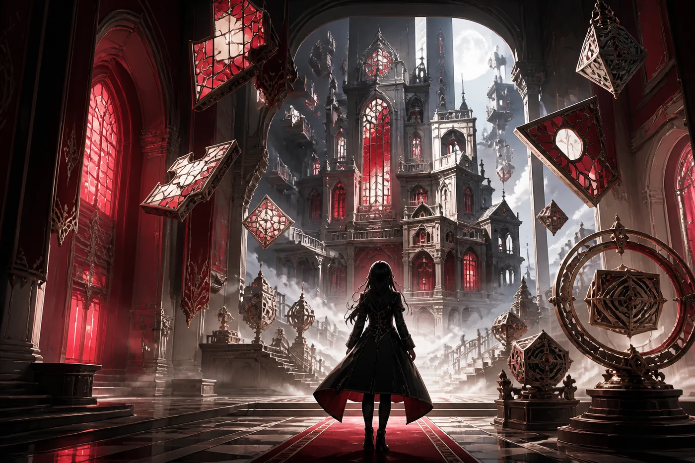 A mysterious heroine facing an ornate gothic puzzle mansion